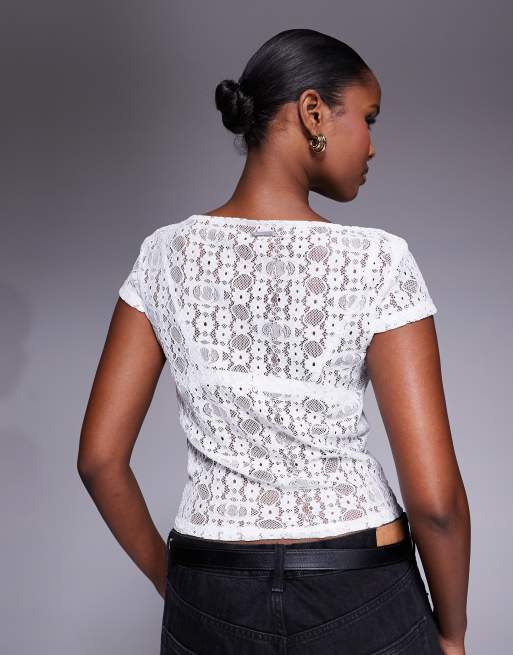 Abrand - Cropped T-shirt met rechte hals en kant in ivoorwit, 4 van 4