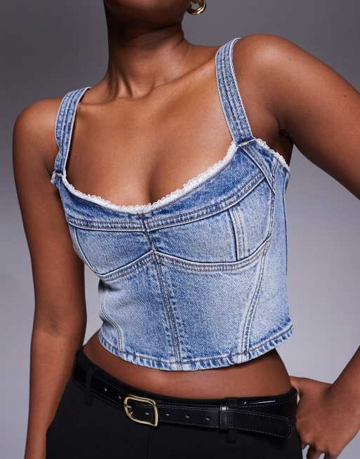 Abrand denim corset in mid wash blue, 3 of 4