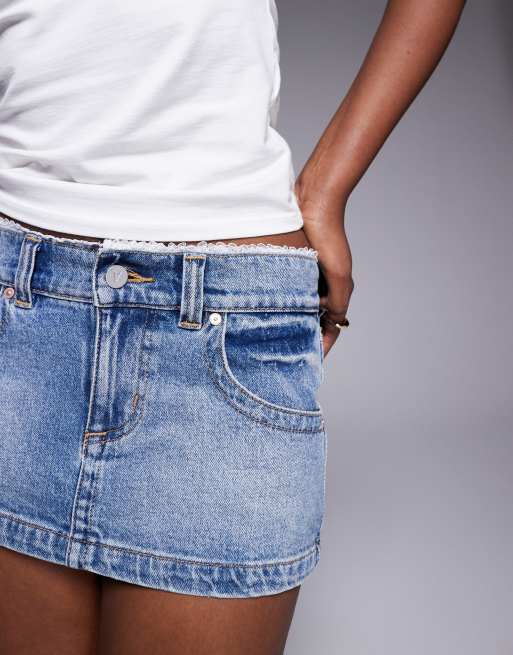 Abrand - Denim minirok met lage taille en afwerking in mid-wash blauw, 5 van 5