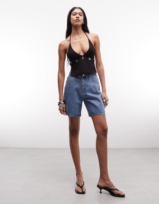 Abrand high rise denim shorts in mid wash blue, 5 of 5