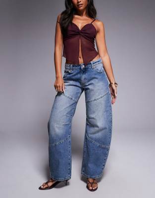 Abrand Jeans - 99 - Jean barrel à taille basse - Délavage vintage moyen-Bleu