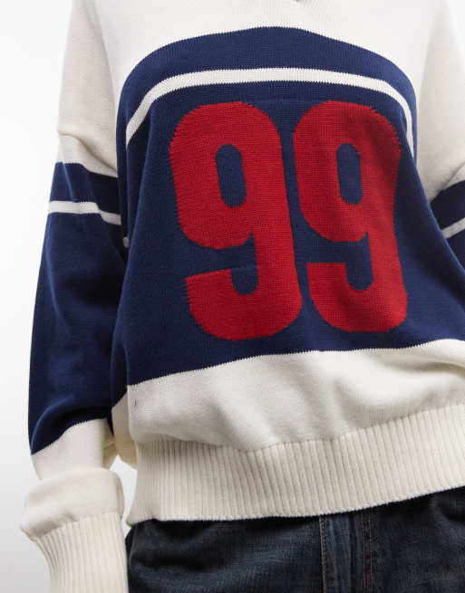 Abrand Jeans - 99 - Sweat en maille style rugby à rayures - Crème et bleu marine, 2 de 4