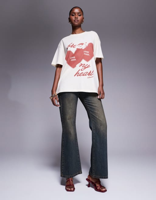 Abrand Jeans - Break My Heart - T-shirt oversize à imprimé graphique - Écru, 2 de 4