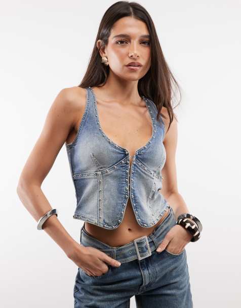 Abrand Jeans celeste denim studded waistcoat co-ord in washed light blue - view 1