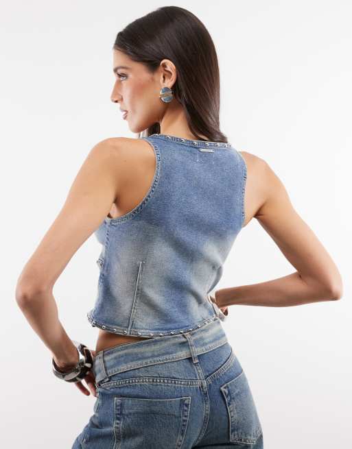 Abrand Jeans celeste denim studded waistcoat co-ord in washed light blue, 3 of 4
