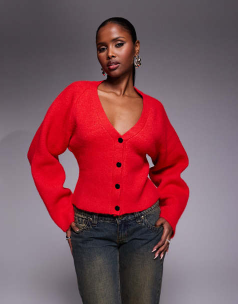 Abrand Jeans cinched waist cosy cardigan in red - view 1