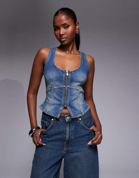 Abrand Jeans denim pinstripe skirt in washed light blue rinse - view 1