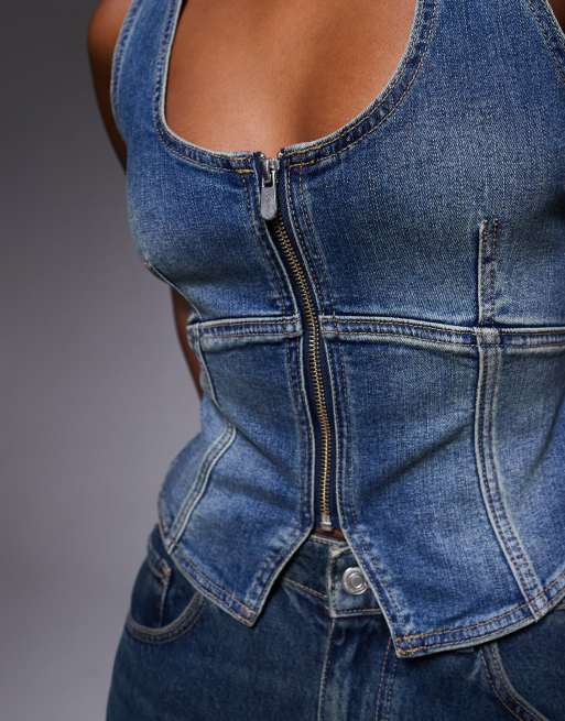 Abrand Jeans denim pinstripe skirt in washed light blue rinse, 3 of 4