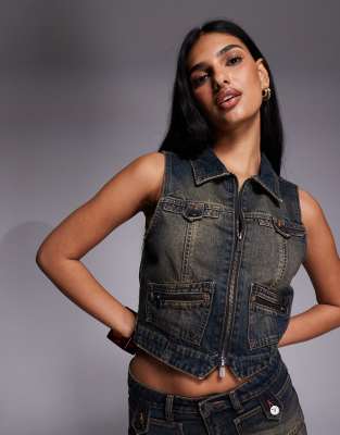 Gilet de costume d'ensemble en denim à fermeture éclair - Bleu délavé S
