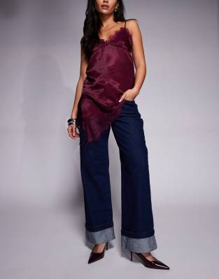 Abrand Jeans - Jean baggy style années 99 à taille basse et ourlets à revers - Bleu foncé délavé-Bleu marine