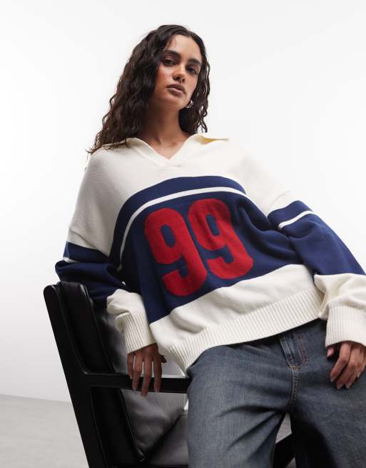 Abrand Jeans - Maglione stile rugby color panna e blu navy a righe con numero 99