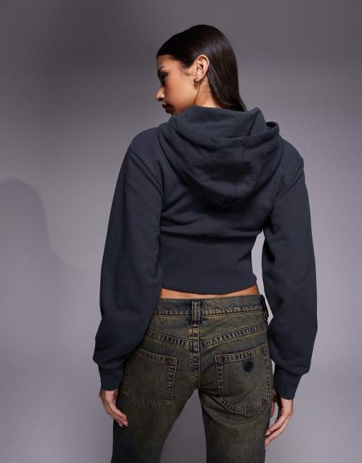 Abrand Jeans – Mörkgrå, kort huvtröja med sänkt axelsöm och dragkedja, 4 av 4