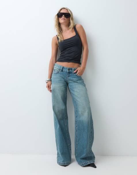 Abrand Jeans Petite 00 jeansy baggy z bardzo niskim stanem, w średnim niebieskim spraniu - view 1