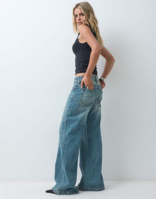 Abrand Jeans petite 00 super low baggy jeans in washed mid blue wash, 5 of 5