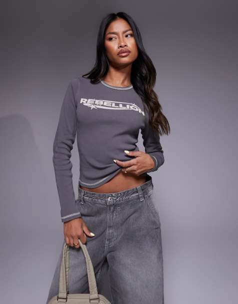Abrand Jeans rebellion print long sleeve t-shirt in grey - view 1