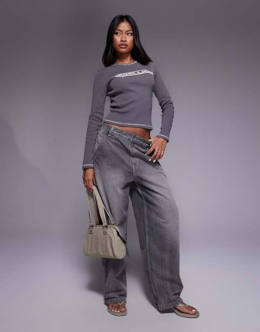 Abrand Jeans - T-shirt a maniche lunghe grigia con stampa Rebellion, 2 di 4