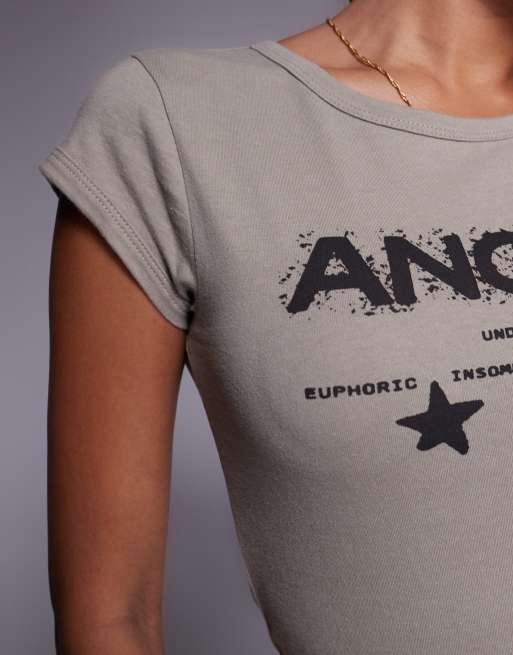 Abrand Jeans - T-shirt effet rétréci à mancherons et imprimé ange - Beige, 3 de 4
