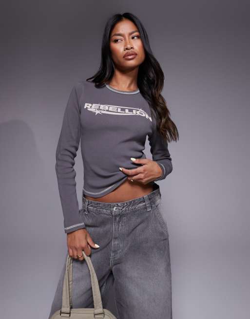 Abrand – Langärmliges T-Shirt in Grau mit „Rebellion“-Print