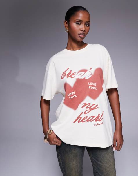 Abrand - T-shirt oversize écru con grafica Break My Heart - view 1