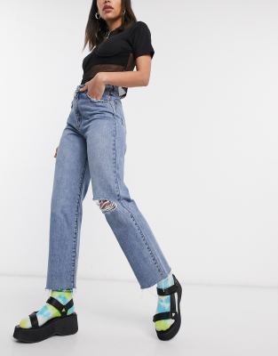 mid wash high rise distressed straight leg jeans