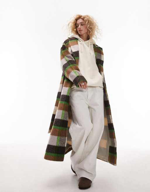 Abrigo a cuadros verdes y color crema de tejido cepillado con un 20% de lana de Topshop 