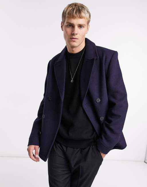 Abrigo azul marino de doble botonadura de mezcla de lanas de ASOS DESIGN