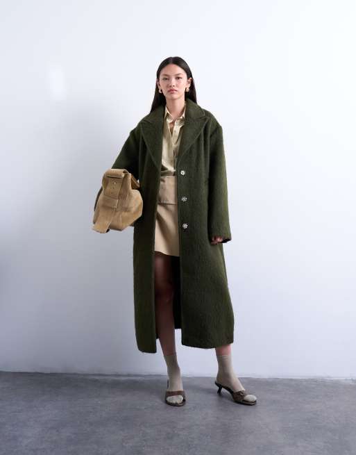 Abrigo caqui de corte depurado cómodo sin forro con sisas caídas de tejido cepillado de mezcla de lana de Topshop