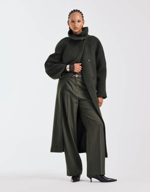Abrigo caqui extragrande con cuello alzado de tejido cepillado de mezcla de lana premium de ASOS DESIGN, 3 de 4