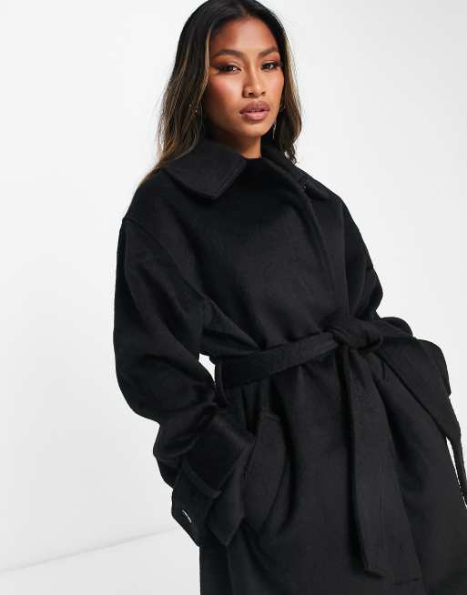 Abrigo de vestir boyfriend negro de mezcla de lana cepillada de ASOS DESIGN, 3 de 4