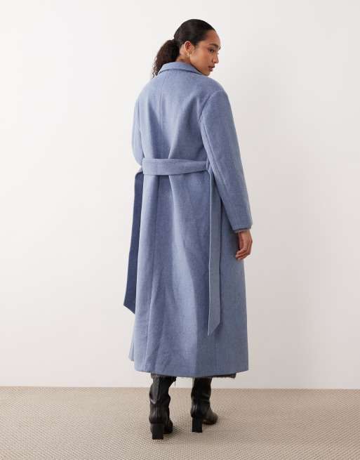 Abrigo de vestir largo azul negruzco estilo americana con cinturón de tejido efecto lana de Ghospell, 4 de 4