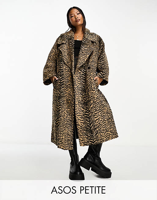 mercado elegante lino Abrigo de vestir marrón con estampado animal de ASOS DESIGN Petite | ASOS