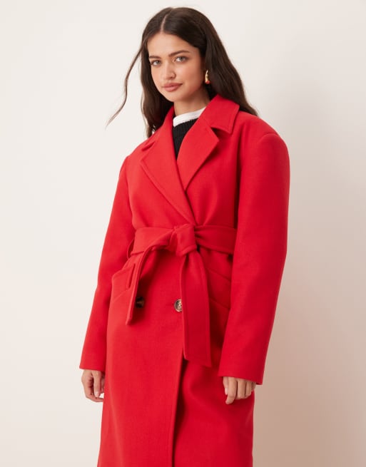 Abrigo de vestir rojo luminoso cruzado con cinturón de Miss