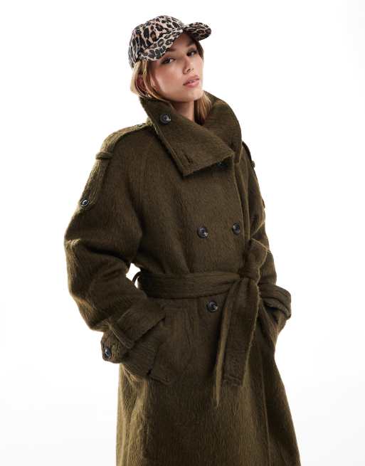 Abrigo estilo gabardina caqui con cuello alzado y acabado cepillado de ASOS DESIGN, 2 de 4