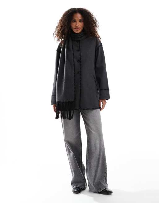 Abrigo gris con bufanda de tejido efecto lana de ONLY, 2 de 4