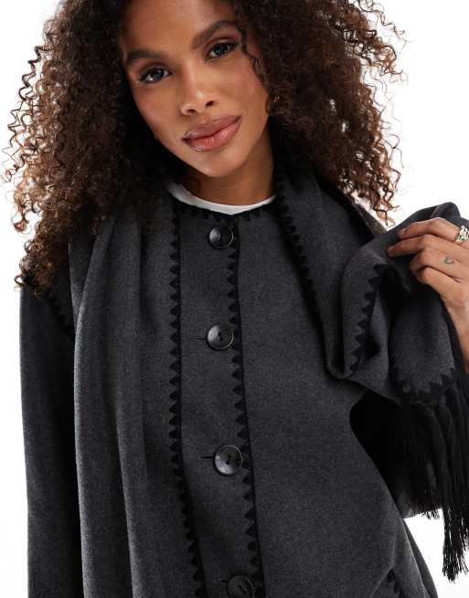 Abrigo gris con bufanda de tejido efecto lana de ONLY, 3 de 4