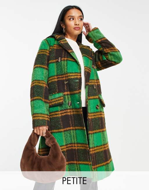 Abrigo largo cuadros verdes con doble botonadura de QED London Petite | ASOS