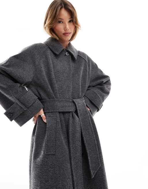 Abrigo largo gris carbón con patrón de espiga y solapas de ASOS DESIGN, 4 de 4