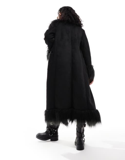 Abrigo largo negro de antelina con ribetes de piel sintética de ASOS DESIGN, 2 de 4