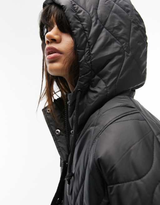 Abrigo largo negro ligero acolchado de corte trapecio con capucha de Topshop, 3 de 4