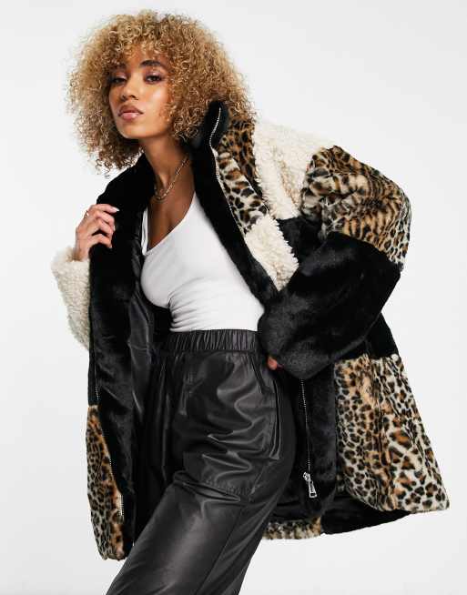 Abrigo midi color crema, negro y estampado de leopardo con diseño de patchwork de piel sintética de Jayley