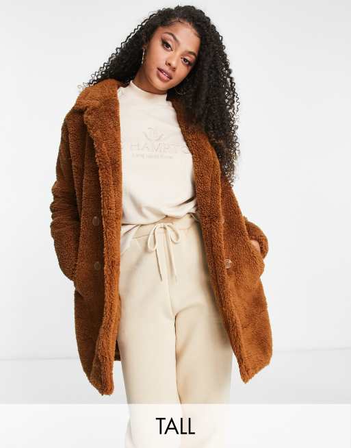 Abrigo midi color tostado de borreguito de Threadbare Tall