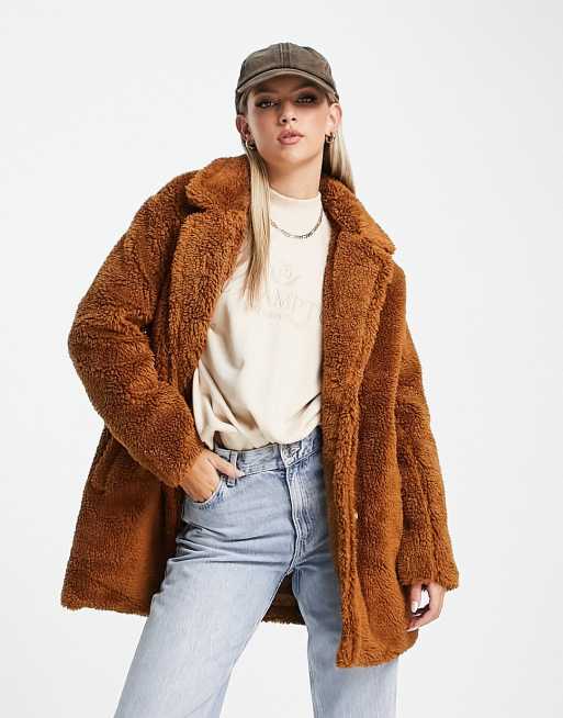 Abrigo midi tostado de borreguito de Threadbare | ASOS