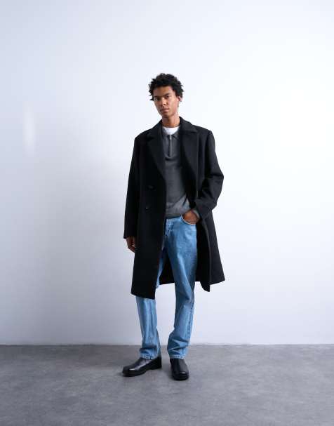 Abrigo negro de doble botonadura de mezcla de lana de Topman - view 1