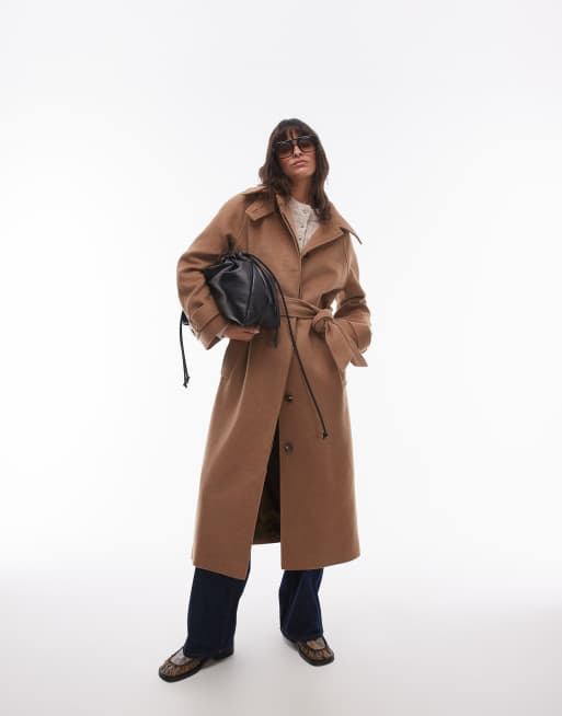 Abrigo tres cuartos color camel con trabillas para cinturón de sarga de Topshop