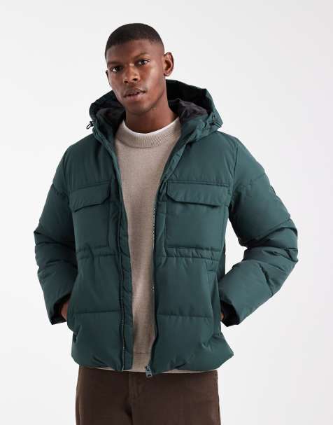 Abrigo verde oscuro acolchado con capucha y bolsillos utilitarios de ONLY & SONS - view 1
