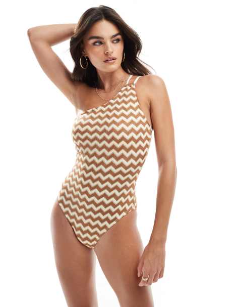 Accesorize crochet detail ring side swimsuit in gold and cream - view 1