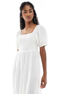 Accesorize puff sleeve shirred dress in white with embroidery detail 