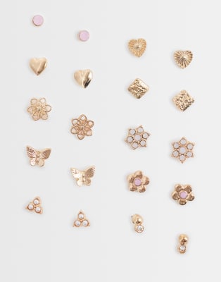 10-pack pink flowers stud earrings in pink
