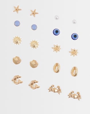 Accessorize - 10er-Pack Ohrstecker mit Urlaubs-Vibes-Design-Goldfarben