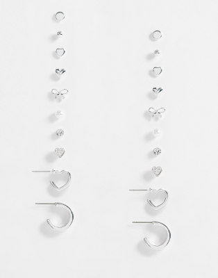 Accessorize - 10er-Pack silberfarbene Ohrstecker im Schleifen- und Creolendesign